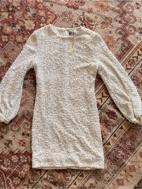 Textured White Mini Dress with Balloon Sleeves - Unbranded